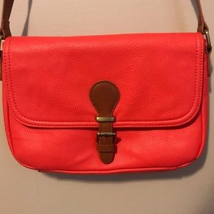 Hot coral satchel purse with magnetic button strap
